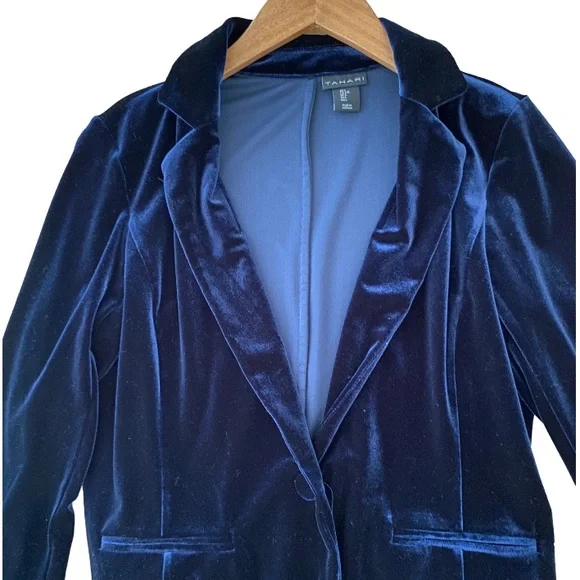 Tahari Office Attire Cocktail Special Occasion Navy Blue Velvet Blazer Size L - Picture 2 of 5